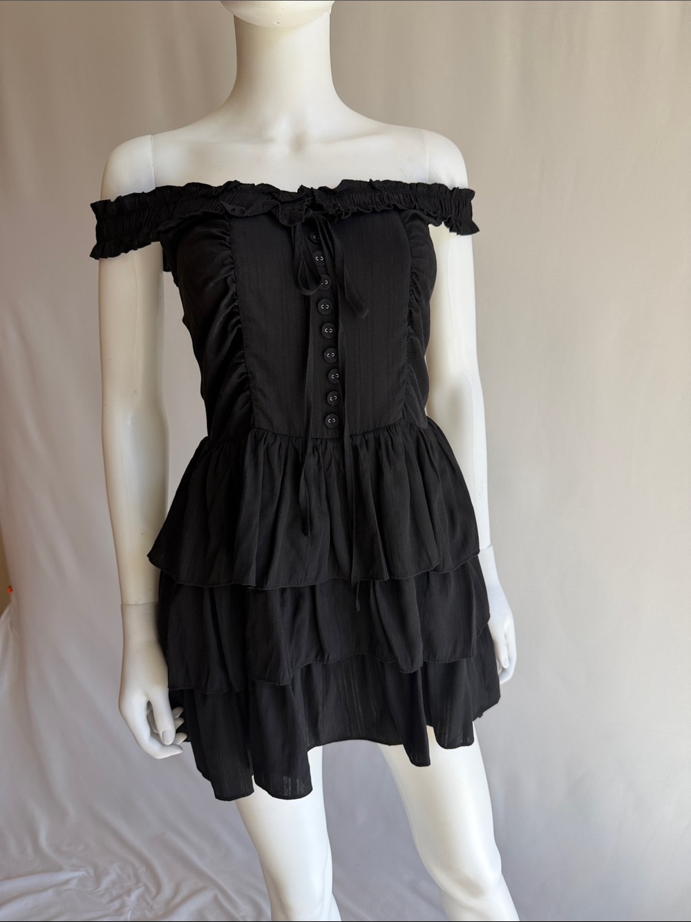 Off-Shoulder Tiered Mini Dress — Black